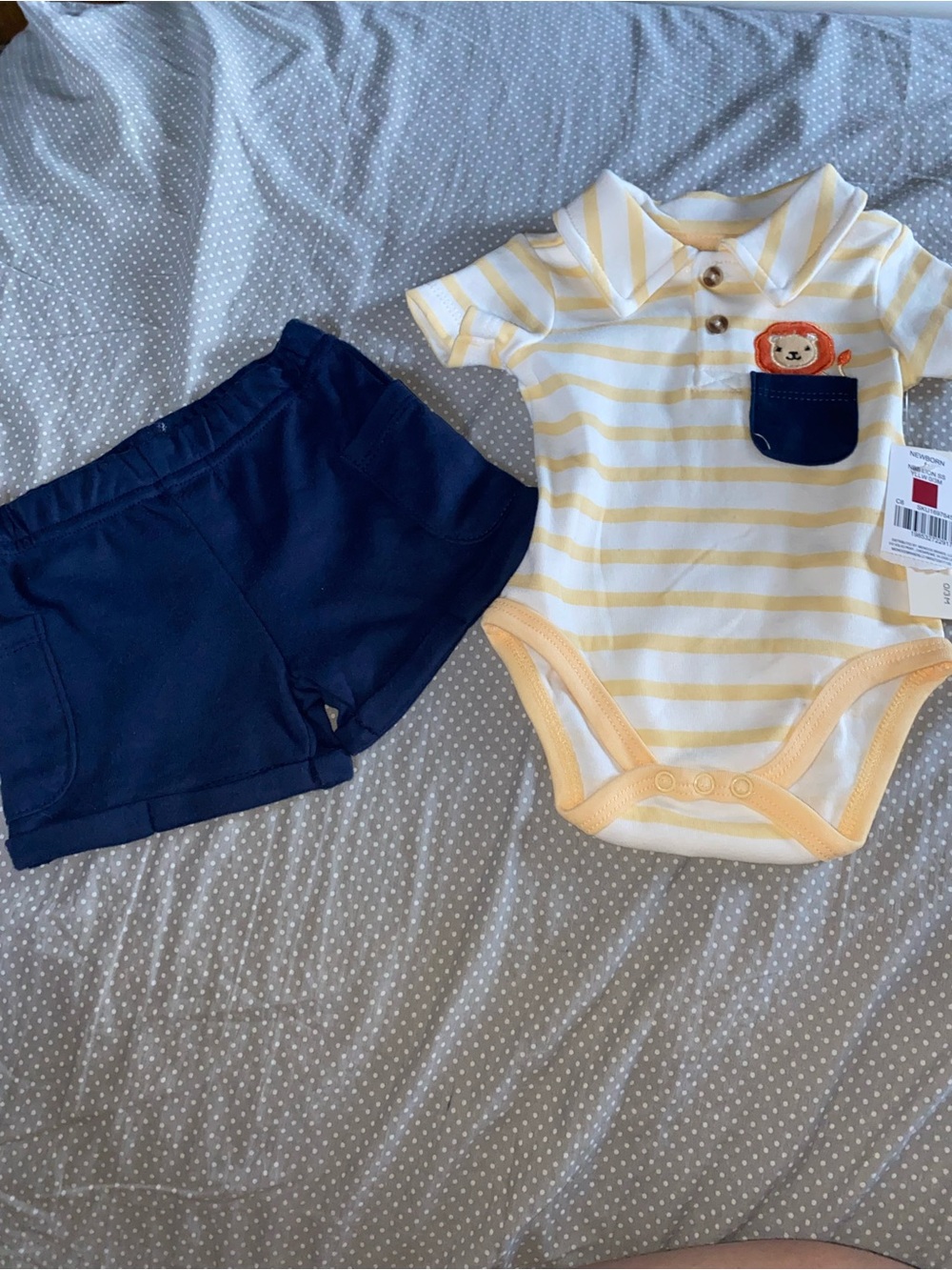 Striped Yellow & White Baby Bodysuit with Navy Pocket and Navy Shorts